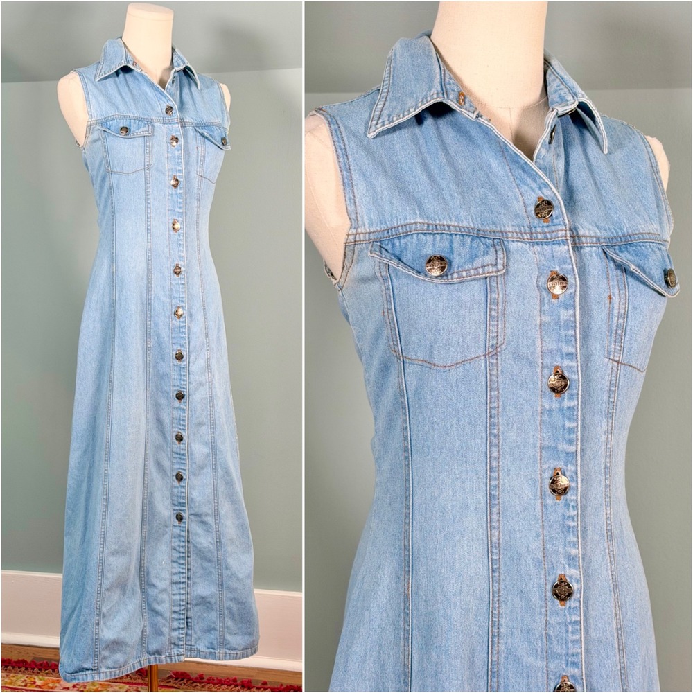 Vintage 1990s Denim Dress Fall Boho 90s Casual Jean Dress Western Small Medium
